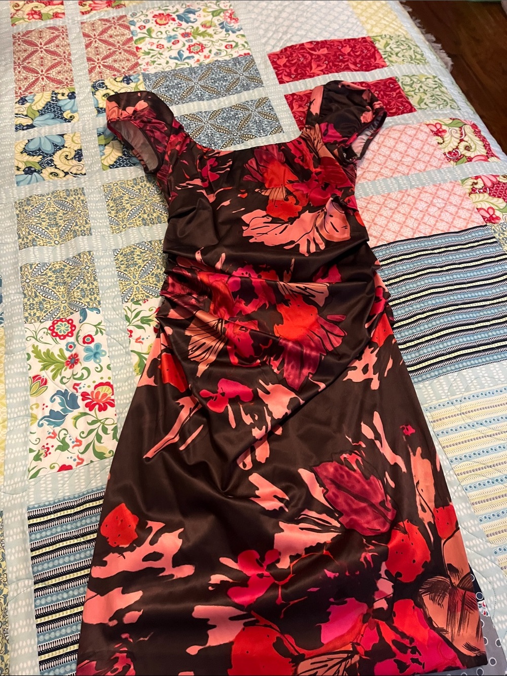 Suzi Chin for Maggy Boutique Black Midi Dress with Red and Pink Floral Print
